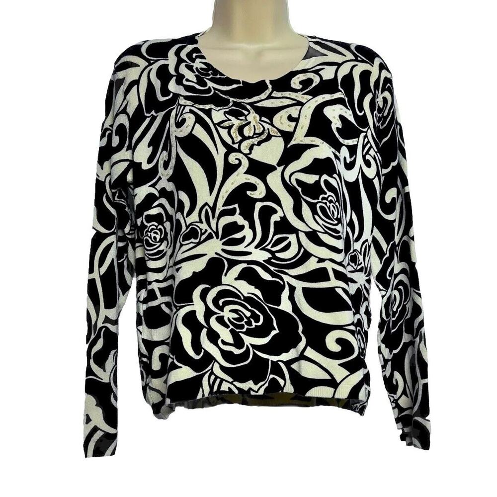 Pierri New York Floral Beaded Sweater Womens Large Yellow Black Classic Loose